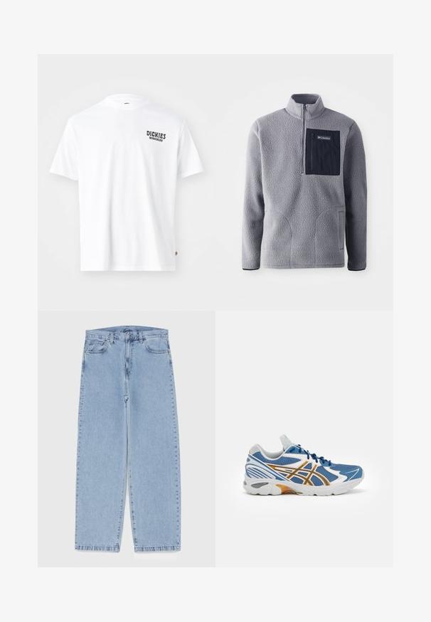 Hall Grey fliisist pulli, millel on poolvetti kaelus, tumesinine rinnatasku, kaks küljetaskut ning tekstuurne kangas. Kerge ja hästitoimiv disain.; Valge puuvillane T-särk ümmarguse kaelusega, lühikeste varrukatega ning vasakul rinnal väike must "Dickies Workwear" logo. Sujuv tekstuur, standardne lõige.; Heled sinise denimi sirgete põlvede lõikega teksad, millel on keskmise kõrgusega vöökoht, viis taskut ning nööbid ja tõmblukk.; Sinine spordijalanõud, millel on võrgust ülaserv, valged ja oranžid aktsendid, pehmendatud vaheking ja tekstureeritud kummist tallad. Omab nööridega sulgemist.