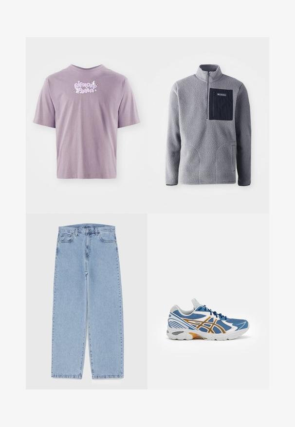 Grijze fleece pullover met een halve rits kraag, een marineblauwe borstzak, twee zijzakken en een gestructureerde stof. Lichtgewicht en casual ontwerp.; Lila T-shirt met korte mouwen met de tekst "Ripndip Plna", twee witte katten en kleine witte bloemen in lichtpaars en wit gedrukt op de borst.; Lichtblauwe denim jeans met een recht model, voorzien van een middelhoge taille, vijf zakken en een knoop- en ritssluiting.; Blauwe sportshoe met een bovenwerk van mesh, witte en oranje accenten, gevoerde tussenzool en een getextureerde rubberen buitenzool. Heeft een vetersluiting.