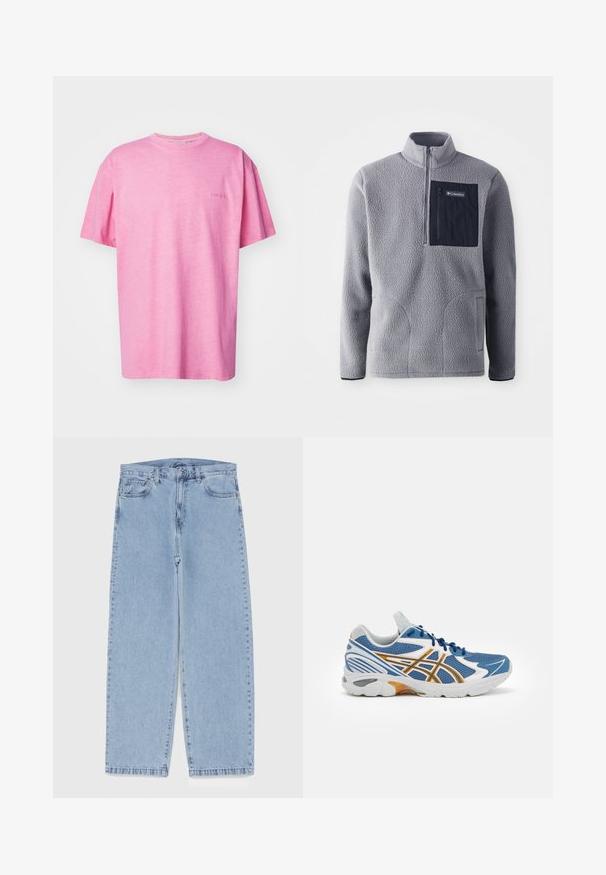 Pelēks flīsa pulkstenis ar pusi rāvējslēdzēja apkakli, tumši zilā krāsā krūšu kabata, divām sānu kabatām un teksturētu audumu. Viegls un ikdienišķs dizains.; Carhartt WIP DUSTER SCRIPT - Pamata T-krekls - charm pink; Gai zila džinsu bikses ar taisnu kāju dizainu, kas piedāvā vidēju vidukļa augstumu, piecas kabatas un pogas un rāvējslēdzēja aizdari.; Zila sporta apava ar acs audumu augšdaļu, baltiem un oranžiem akcentiem, ar mīkstinātu vidusdaļu un teksturētu gumijas zoli. Iespējama saslēdzama dizaina.
