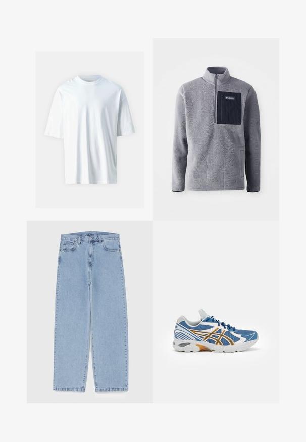 Szürke polár pulóver félcipzárral, tengerészkék mellzsebbel, két oldalsó zsebbel és texturált anyaggal. Könnyű és laza dizájn.; Fehér, rövid ujjú póló, puha pamutból készült. Kerek nyakú, laza szabású, sima textúrájú. Nincsenek látható minták vagy díszítések.; Világoskék farmernadrág egyenes szárú kivitelben, közepes derékkal, öt zsebbel, gombos és cipzáros záródással.; Kék sportcipő hálós felsőrésszel, fehér és narancssárga díszítéssel, párnázott középtalppal és texturált gumitalppal. Fűzős kialakítás jellemzi.