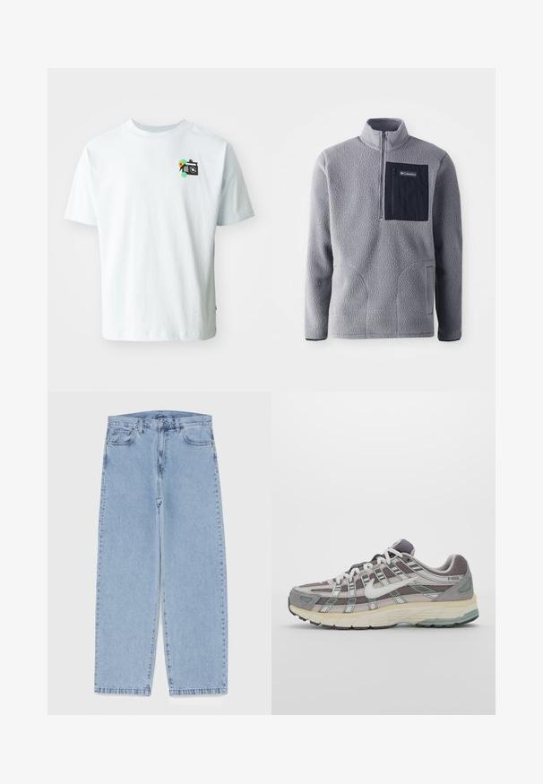 Pelēks flīsa pulkstenis ar pusi rāvējslēdzēja apkakli, tumši zilā krāsā krūšu kabata, divām sānu kabatām un teksturētu audumu. Viegls un ikdienišķs dizains.; Gaišas zils kokvilnas T-krekls ar apaļu izgriezumu. Priekšpusē kreisajā krūtīs ir neliels kameras grafiskais attēls ar krāsainiem akcentiem.; Gai zila džinsu bikses ar taisnu kāju dizainu, kas piedāvā vidēju vidukļa augstumu, piecas kabatas un pogas un rāvējslēdzēja aizdari.; Pelēkie sporta apavi ar tīkla un zamša augšdaļu, baltiem akcentiem, mīkstinātu zoli un izcilu dizainu ar atstarotājiem.