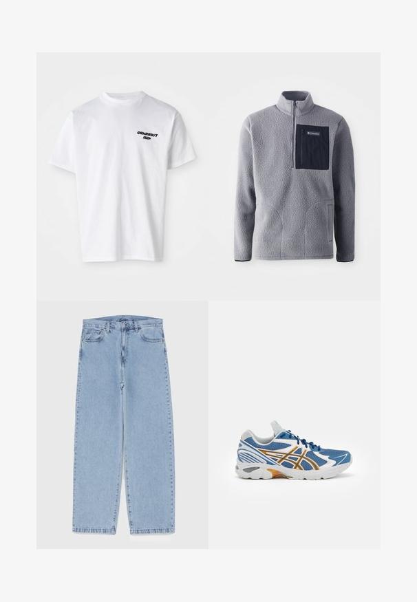 Grey fleece pullover with a half-zip collar, a navy chest pocket, two side pockets, and textured fabric. Lightweight and casual design.; White cotton t-shirt with a round neckline. Black text logo on the left chest area. Short sleeves, relaxed fit, and soft texture.; Light blue denim jeans with straight leg design, featuring a mid-rise waist, five pockets, and a button and zipper closure.; Blue athletic shoe with mesh upper, white and orange accents, cushioned midsole, and textured rubber outsole. Features lace-up design.