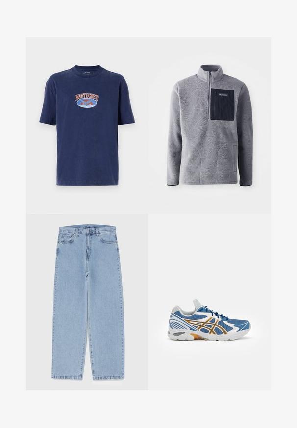 Pilkas vilnonis megztinis su pusiau užtrauktuku, tamsiai mėlyna krūtinės kišenė, dvi šoninės kišenės ir tekstūruota medžiaga. Lengvas ir kasdienis dizainas.; Tamsiai mėlynas medvilninis marškinėliai su apvaliu kaklu, trumpomis rankovėmis, su "NANTUCKET" tekstu ir banginio grafika oranžiniu ir mėlynu siuvinėjimu.; Šviesiai mėlyni džinsai su tiesiomis kojomis, turintys vidutinio aukščio juosmenį, penkias kišenes ir mygtuko bei užtrauktuko uždarymą.; Mėlyni sportiniai batai su tinklelio viršumi, baltais ir oranžiniais akcentais, paminkštintu vidpadžiu ir tekstūruotu guminio pado apvadu. Yra raištelių uždarymas.