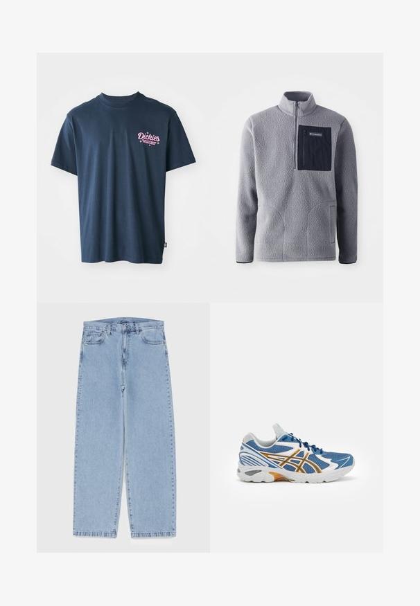 Šedý fleece pulovr s polo zipem, náprsní kapsou v námořnické modři, dvěma bočními kapsami a texturovaným materiálem. Lehký a pohodlný design.; Tmavě modré bavlněné tričko s růžovým potiskem loga na hrudi, s textem "Dickies Quality Made Workwear." Krátké rukávy, standardní střih.; Světle modré džíny s rovnými nohavicemi, středním pasem, pěti kapsami a zapínáním na knoflík a zip.; Modré sportovní boty s síťovaným svrškem, bílými a oranžovými akcenty, vysoce odpruženou mezipodešví a texturovanou gumovou podrážkou. Obsahují šněrování.