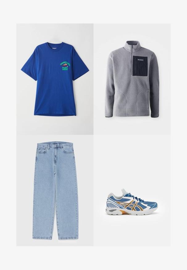 Grå fleecepullover med halvlukket krave, en marineblå brystlomme, to sidelommer og tekstureret stof. Letvægts- og afslappet design.; Blå bomulds t-shirt med rund hals, korte ærmer og et grafisk print med en rød karakter og tekst på venstre brystområde.; Lyseblå denimjeans med straight leg-design, der har en mid-rise talje, fem lommer og en lukning med knap og lynlås.; Blå atletik sko med mesh-overdel, hvide og orange accenter, polstret mellemsål og struktureret gummisål. Har snørebåndsdesign.