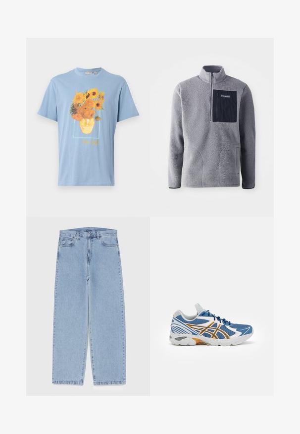 Grey fleece pullover with a half-zip collar, a navy chest pocket, two side pockets, and textured fabric. Lightweight and casual design.; Light blue cotton t-shirt featuring a vibrant sunflower design in various colors, with "Van Gogh" printed in gold below the graphic.; Light blue denim jeans with straight leg design, featuring a mid-rise waist, five pockets, and a button and zipper closure.; Blue athletic shoe with mesh upper, white and orange accents, cushioned midsole, and textured rubber outsole. Features lace-up design.