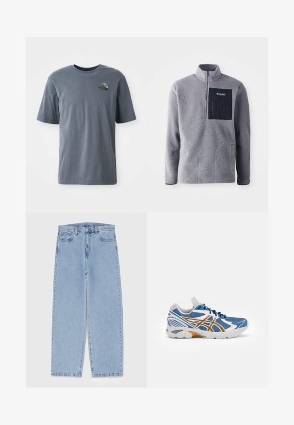 Pulover gri din fleece cu guler cu fermoar pe jumătate, un buzunar pe piept bleumarin, două buzunare laterale și țesătură texturată. Design ușor și casual.; Tricou gri cu mânecă scurtă, fabricat din bumbac, având un mic logo brodat și un design floral în zona stângă a pieptului.; Jeans din denim de culoare albastru deschis, cu un design cu picioare drepte, având talie medie, cinci buzunare și un sistem de închidere cu nasture și fermoar.; Pantof sportiv albastru cu parte superioară din plasă, accente albe și portocalii, talpă intermediară cu amortizare și talpă exterioară din cauciuc texturat. Dispune de un design cu șireturi.