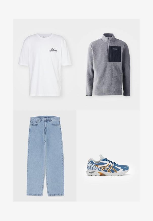 Grey fleece pullover with a half-zip collar, a navy chest pocket, two side pockets, and textured fabric. Lightweight and casual design.; White cotton T-shirt with short sleeves and a crew neckline. Features black cursive text "Inferno" on the left chest. Smooth texture.; Light blue denim jeans with straight leg design, featuring a mid-rise waist, five pockets, and a button and zipper closure.; Blue athletic shoe with mesh upper, white and orange accents, cushioned midsole, and textured rubber outsole. Features lace-up design.