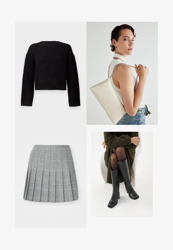 Pullover nero lavorato a maglia con scollatura rotonda, maniche lunghe e design cropped. Tessuto testurizzato con polsini e orlo a costine.; Gonna plissettata a quadri grigi con una vita strutturata, caratterizzata da un motivo a scacchi in tonalità scure e chiare. Texture liscia, design fino al ginocchio.; Stivali neri in pelle alti fino al ginocchio con punta squadrata e tacco a blocco, mostrati con un modello seduto in un cappotto verde oliva. Texture liscia, dettagli minimi.; Borsa a pochette rettangolare bianca realizzata in materiale lucido, con una tracolla in catena argentata. Il modello posa, mostrando la borsa su uno sfondo semplice.