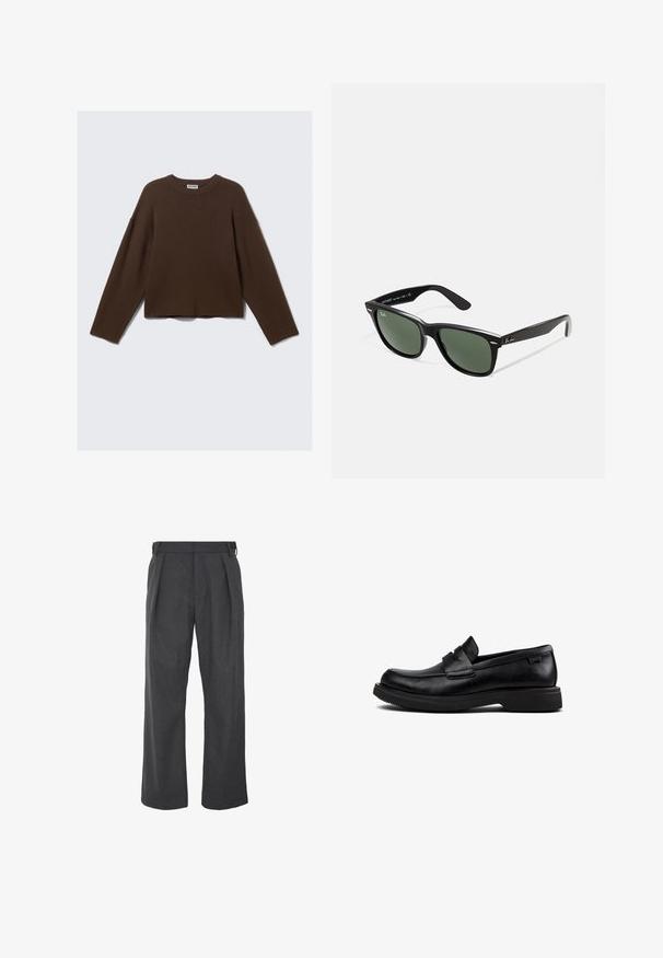 Dark brown long-sleeve knitted crewneck sweater with relaxed fit and ribbed collar, displayed on a plain light background.; Wide-leg trousers in dark grey fabric, featuring a smooth texture, pleated front, and adjustable side straps for fit.; Black leather slip-on loafer with rounded toe, low sole, and decorative strap across the upper.; Black plastic sunglasses with green lenses, square frames, silver accent on the brow, and textured temple arms. Stated brand on inner arm.