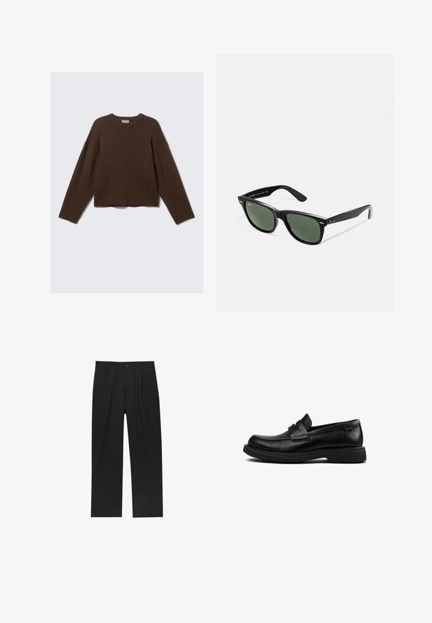 Mørkebrun langærmet strikket crewneck sweater med afslappet pasform og ribbet krave, præsenteret på en ensfarvet lys baggrund.; Sorte bukser med lige ben, lavet af et glat stof. Har frontfolder og en enkelt knaplukning i taljen.; Sorte læder slip-on loafers med rund tå, lav sål og dekorativ rem over vristen.; Sorte plastiksolkaber med grønne linser, firkantede stel, sølvaccent på brynene og teksturerede templede arme. Angivet mærke på den indre arm.