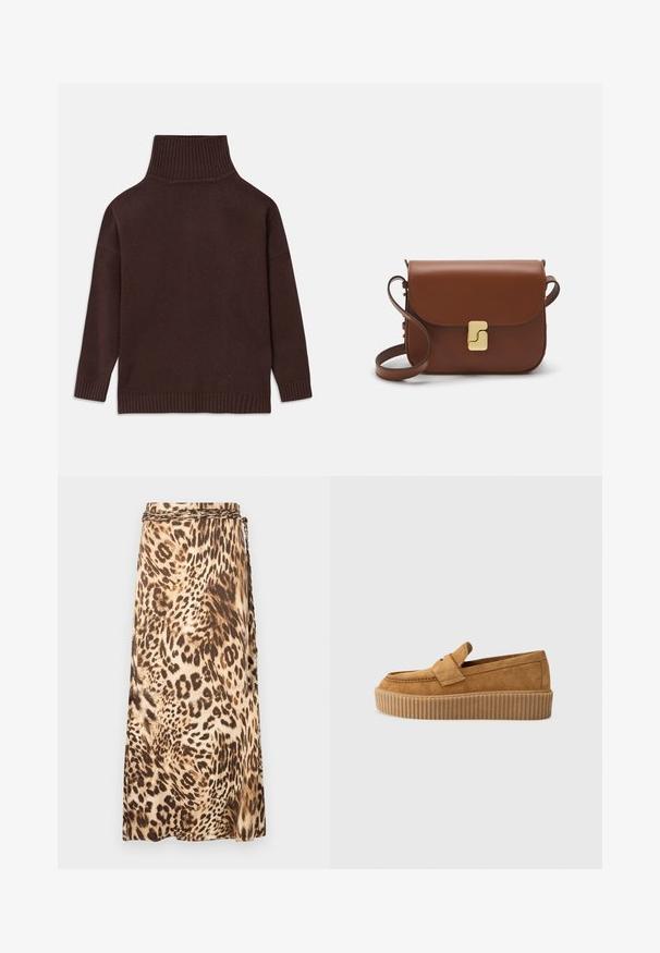 Maglione a collo alto in maglia marrone con colletto a coste alto, spalle scese e polsini e orlo a coste. Texture liscia con vestibilità rilassata.; Gonna maxi fluida in stampa leopardata nei toni beige e marrone con dettaglio della vita intrecciato. Tessuto morbido con silhouette drappeggiata.; Mocassino in suede marrone con punta rotonda, dotato di suola a piattaforma rigata e una fascia decorativa sulla parte superiore.; Borsa a tracolla in pelle marrone con chiusura a pattina, hardware color oro, tracolla e una finitura liscia. Forma rettangolare compatta.