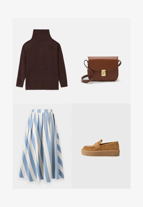 Ruskea neulottu pooloneule, jossa on korkea ribattu kaulus, pudotetut olkapäät sekä ribatut hihansuut ja helma. Sileä pinta ja rento istuvuus.; Pleated hame, jossa on vuorottelevia vaaleansinisiä ja kermanvärisiä vinoraitoja. Varustettu joustavalla vyötäröllä ja pehmeällä puuvillakankaalla.; Kastanjanruske mokasiner med rund tå, som har en ribbet plattformssåle og en dekorativ stropp over vristen.; Ruskea nahkainen käsilaukku, jossa on läppäkiinnitys, kultasävyiset yksityiskohdat, olkahihna ja sileä pinta. Kompaktin suorakaiteen muotoinen.