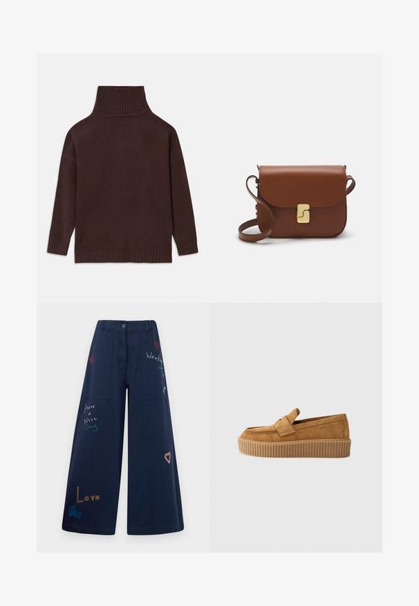 Pull en maille marron à col roulé haut, avec des épaules tombantes et des bords côtelés aux poignets et à l'ourlet. Texture lisse avec une coupe décontractée.; Pantalon large en coton bleu marine avec plusieurs poches. Présente un texte et des graphiques colorés brodés, y compris des cœurs et des phrases ludiques.; Mocassin en daim brun à bout rond, avec une semelle plateforme striée et une bande décorative sur le dessus.; Sac à main en cuir marron avec une fermeture à rabat, des accents en métal doré, une bandoulière et une texture lisse. Forme rectangulaire compacte.