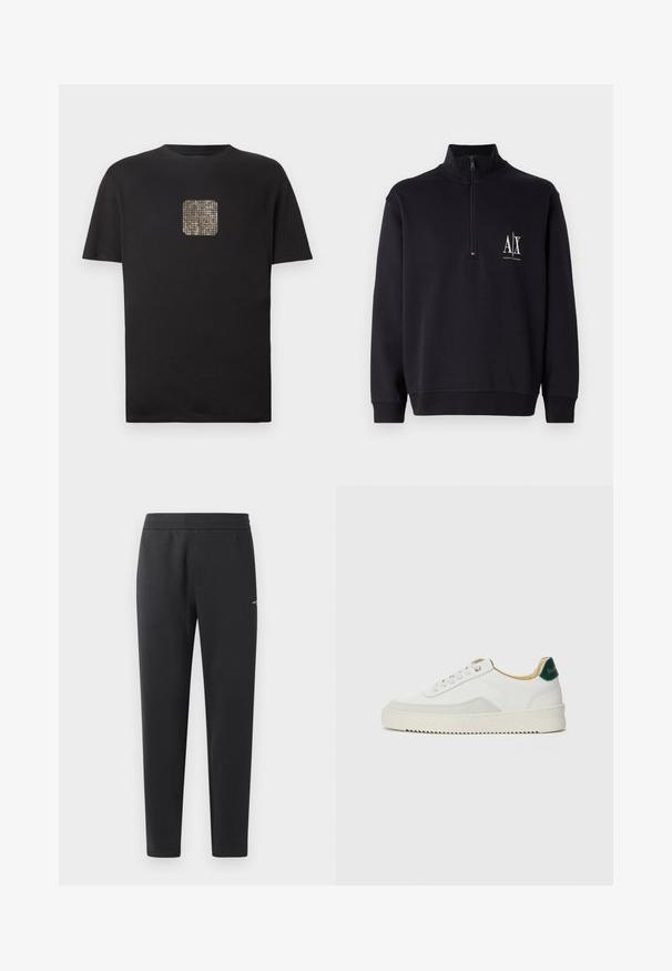 Black pullover sweatshirt with a high collar and quarter zip, featuring a white logo on the left chest and ribbed cuffs and hem.; Black cotton t-shirt featuring a square, gold, studded design on the front. Short sleeves, crew neck, and a relaxed fit.; Black jogger pants made of soft fabric, featuring an elastic waistband, straight legs, and a single small logo detail on the side.; White sneaker with suede accents, rounded toe, flat laces, and a cream rubber sole. Features green branding on the heel.