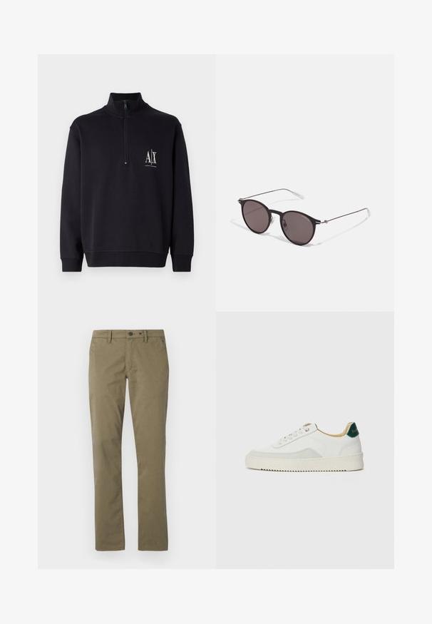 Čierny pulóver so zipsom na štvrtinu a vysokým golierom, ktorý má biele logo na ľavej strane hrude a rebrované manžety a lem.; Khaki nohavice vyrobené z bavlny, s rovnými nohavicami, dvoma prednými vreckami a zapínaním na gombík a zips.; Biele tenisky s semišovými akcentmi, zaoblenou špičkou, plochými šnúrkami a krémovou gumovou podrážkou. Na päte sú zelené značky.; Čierne okrúhle slnečné okuliare s tmavými sklami a tenkými kovovými ramenami. Obsahujú priehľadné konce rámov a strieborné akcenty na pántoch. Minimalistický dizajn.