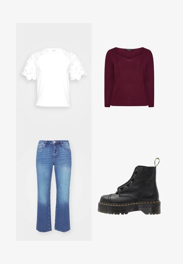 Burgundy ribbad tröja med V-ringning, långa ärmar och subtila pilar-formade detaljer på framsidan. Mjuk tyg med en texturerad yta.; Vit t-shirt med dekorativa spetsärmar, med en enkel, ren design och rund halsringning.; Jeans i en ljus till medelblå gradient. Har en rak benpassform, fem fickor och sydda detaljer längs sömmarna.; Svart läderankelboot med texturerad yta, rund tå, snörningsdesign, gul stygn och en tjock, mönstrad svart plattformssula.