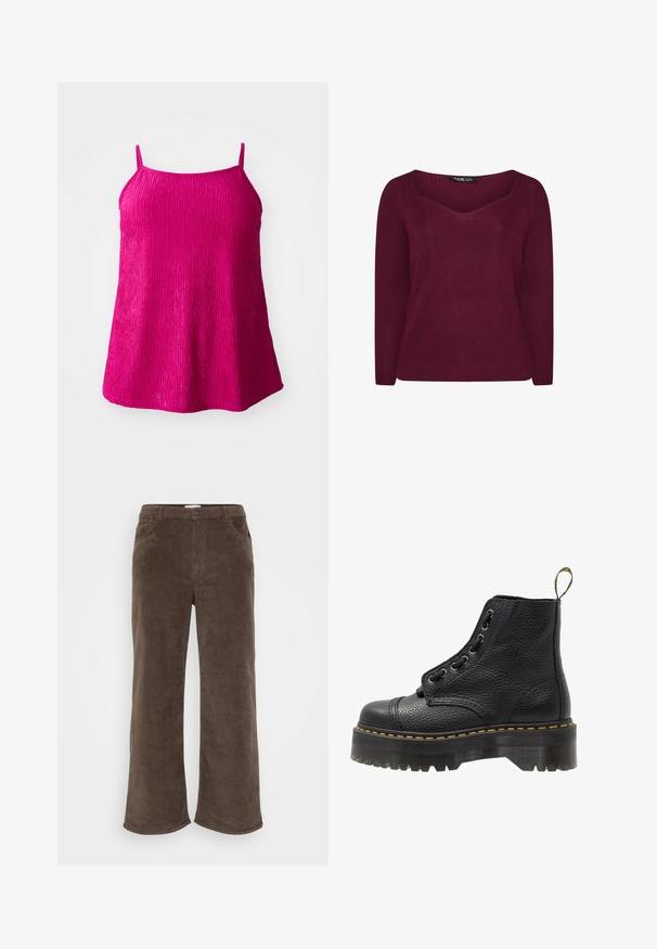 Bordeaux ribbeltrui met een V-hals, lange mouwen en subtiele pijlvormige details aan de voorkant. Zachte stof met een gestructureerde afwerking.; Fuchsia mouwloze top met dunne bandjes, gemaakt van een textuurstof met verticale ribbels; losse pasvorm met een ronde zoom.; Bruine corduroy broek met een breedbeenontwerp, voorzien van een knoopsluiting, ceintuurlussen en voortassen. Zachte textuur en ribbelstof.; Zwarte leren enkelboot met een gestructureerd oppervlak, ronde neus, vetersluiting, gele stiksels en een dikke, geribbelde zwarte plateauzool.