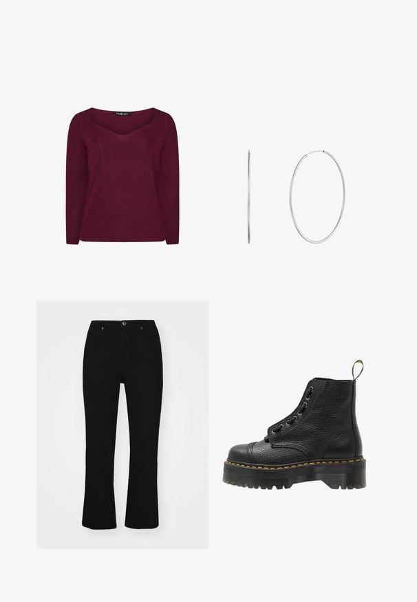 Bordeaux ribbeltrui met een V-hals, lange mouwen en subtiele pijlvormige details aan de voorkant. Zachte stof met een gestructureerde afwerking.; Zwarte flared jeans van denim, met voorzakken, een knoopsluiting en subtiele oranje stikdetails. Soepele textuur.; Zwarte leren enkelboot met een gestructureerd oppervlak, ronde neus, vetersluiting, gele stiksels en een dikke, geribbelde zwarte plateauzool.; Zilverkleurige metalen oorringen, ovaalvormig, dun ontwerp, lichtgewicht, met een gladde textuur en een veilige sluiting voor gemakkelijk dragen.