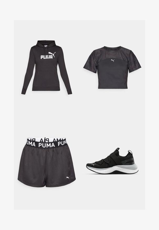 Must must ülikond, mis on valmistatud siledast kangast, millel on suur valge "PUMA" logo ja väike Puma siluett rinnal. Ees on kangaroo tasku.; Must mustripsiga must t-särk, millel on stiilne disain, tekstureeritud pitspaneel ja ees valge Puma logo.; Mustad mustad sportpüksid, millel on elastne vöökoht, valge "PUMA" brändinguga, valmistatud siledast ja kergest materjalist.; Must have tekstuuriga ülemise osaga mustad spordijalatsid, elastsete rihmade ja paksu valge vaheosaga. Omab halli aktsenti talla ääres.