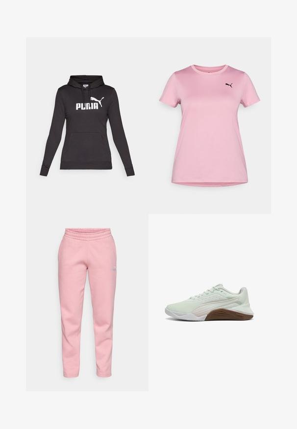 Svart hettegenser laget av glatt stoff, med en stor hvit "PUMA"-logo og en liten Puma-silhuett på brystet. Frontlomme i kengurustil.; Puma ESSENTIAL CREW TEE - T-skjorte til trening - poised pink; Lyserosa sweatpants med ribbet elastisk liv, avsmalnende ben og liten logodetalj i en kontrastfarge på siden.; Lys grønne atletiske sko med en teksturert overdel, hvite detaljer og såle i brunt gummi. Har pustende mesh og forsterket tå.