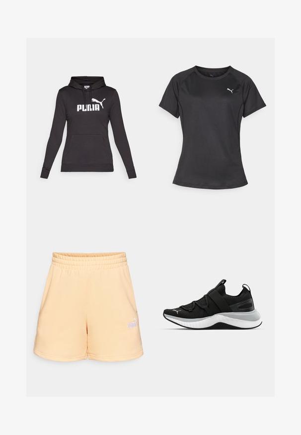 Svart hettegenser laget av glatt stoff, med en stor hvit "PUMA"-logo og en liten Puma-silhuett på brystet. Frontlomme i kengurustil.; Svart treningst-skjorte med korte ermer og rund hals, laget av glatt stoff, med en liten hvit logo på venstre brystområde.; Shorts i ferskenfarge laget av mykt stoff. Har en elastisk midjebånd og en liten brodert logo i det nederste hjørnet.; Sorte treningssko med en teksturert overdel, elastiske stropper og en tykk hvit mellomsåle. Har en grå aksent langs sålen.