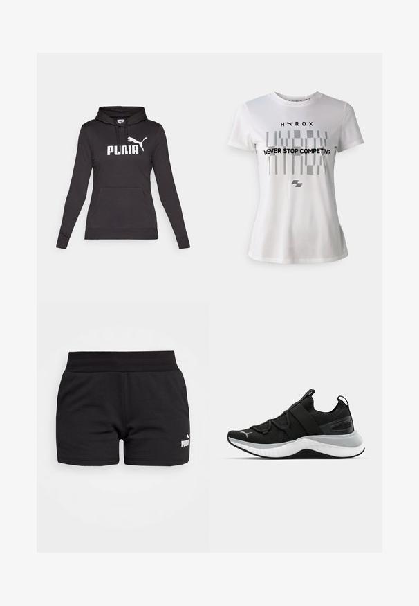 Hanorac negru cu glugă, realizat dintr-un material neted, având un mare logo alb "PUMA" și o mică siluetă Puma pe piept. Buzunar frontal tip cangur.; Tricou sportiv alb cu mâneci scurte, având un design geometric negru și textul "NU TE OPRI NICIODATĂ DIN A CONCURA" pe față.; Pantaloni scurți negri din bumbac cu talie plată, având un logo alb Puma în partea stângă jos. Materialul are o textură fină.; Pantof de sport negru cu un upper texturat, curele elastice și o talpă intermediară groasă albă. Are un accent gri pe lungimea tălpii.