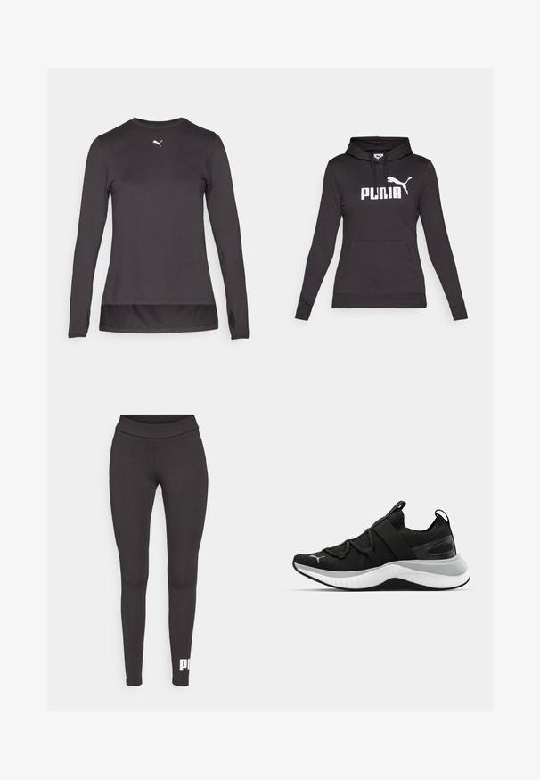 Černá mikina s kapucí vyrobená z hladké látky, s velkým bílým logem "PUMA" a malým siluetou Pumy na hrudi. Přední klokaní kapsa.; Černé dlouhé rukávy sportovní tričko s kulatým výstřihem, se malým bílým logem na hrudi a otvory na palce na manžetách. Hladká textura.; Černé legíny vyrobené z elastického materiálu, s vysokým pasem a bílým logem potisknutým na dolní části levé nohy. Hladká textury.; Černá sportovní bota s texturovaným svrškem, elastickými pásky a silnou bílou mezipodešví. Obsahuje šedý akcent podél podešve.
