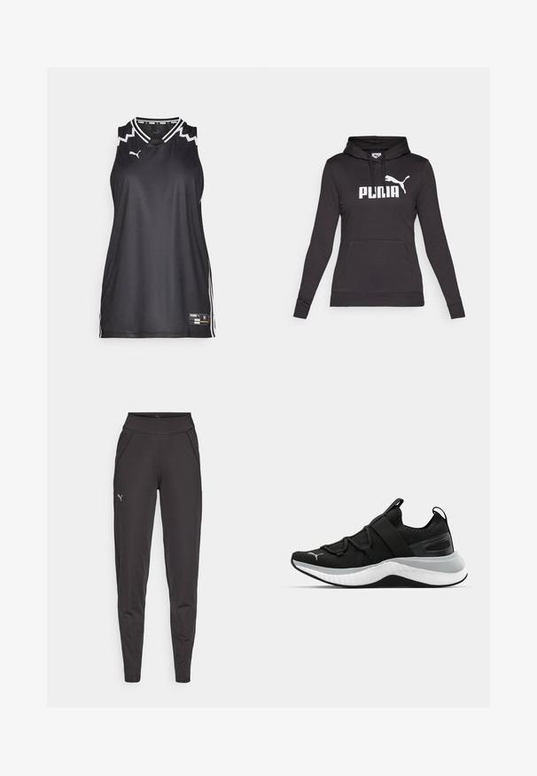Črna kapuca s potiskom izdelana iz gladke tkanine, z velikim belim logotipom "PUMA" in manjšim silhueto Pume na prsih. Sprednji žep v obliki kenguruja.; Črna brezrokavnik športna majica z belimi detajli, V-izrezom in stranskimi črtami. Puma logotip na prsih. Gladek material, lahek dizajn.; Črne športne legice iz elastičnega materiala, z visokim pasom, stranskimi žepi in majhnim odsevnim logotipom na levem stegnu.; Črne atletske čevlje z teksturirano zgornjšo plastjo, elastičnimi trakovi in debelim belim srednjim podplatom. Imajo sivo akcentsko linijo ob podplatu.