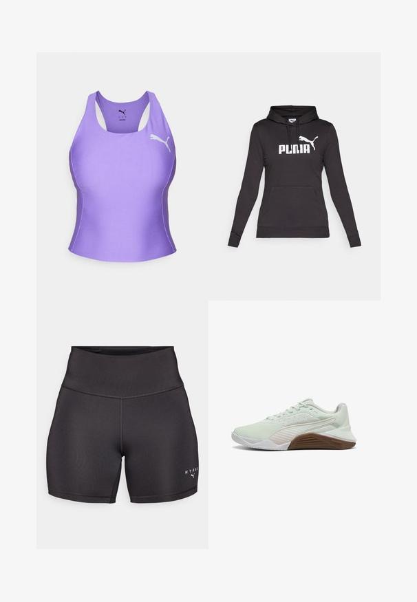 Črna kapuca s potiskom izdelana iz gladke tkanine, z velikim belim logotipom "PUMA" in manjšim silhueto Pume na prsih. Sprednji žep v obliki kenguruja.; Vijolična športna majica brez rokavov iz gladkega, elastičnega materiala. Ima obliko z racerback in belim logotipom na levem prsnem delu. Brezšivna konstrukcija.; Črne atletske kratke hlače z visokim pasom, izdelane iz gladkega, raztegljivega blaga. Imajo ravne šive in belo logotipsko besedilo v spodnjem desnem kotu.; Svetlo zelena športna obuvala z teksturiranim zgornjim delom, belimi poudarki in rjavo gumijasto podplatom. Imajo prezračevanje iz mreže in ojačan prst.