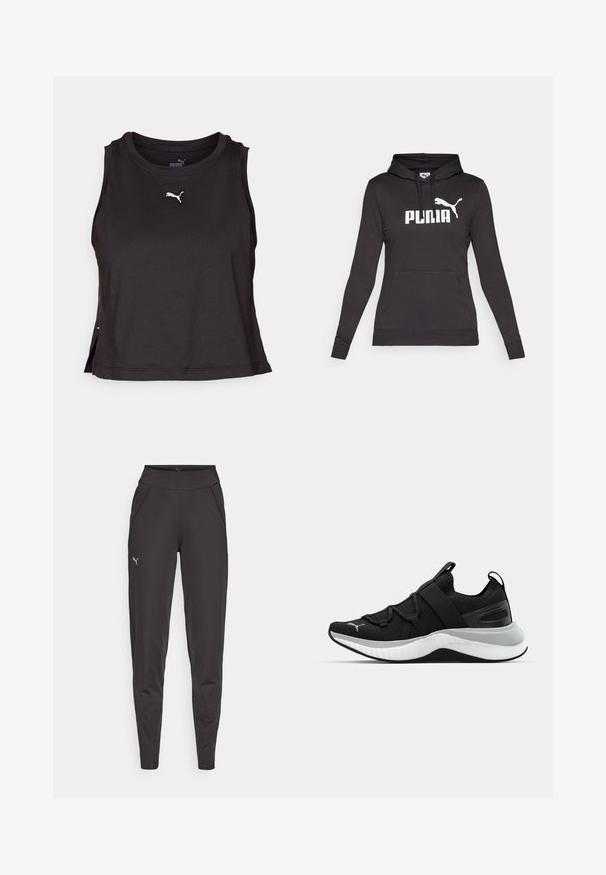 Fekete kapucnis pulóver sima anyagból, nagy fehér "PUMA" logóval és egy kicsi Puma sziluettel a mellkasán. Elöl kenguru zseb.; Fekete ujjatlan sporttop sima anyagból. Jellemzői a kerek nyak, oldalhasítékok és egy fehér logó a mellkason.; Fekete sportleggings rugalmas anyagból, magas derékkal, oldalsó zsebekkel és egy kis fényvisszaverő logóval a bal combján.; Fekete sportcipő textúrázott felső résszel, rugalmas pántokkal és vastag fehér középtalppal. Szürke akcentussal rendelkezik a talp mentén.
