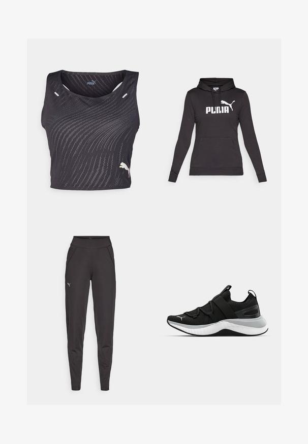 Black hooded sweatshirt made of smooth fabric, featuring a large white "PUMA" logo and a small Puma silhouette on the chest. Front kangaroo pocket.; Black sleeveless athletic top featuring a textured wave pattern, small holes for breathability, and a contrasting logo on the hem.; Black athletic leggings made of stretchy fabric, featuring a high waistband, side pockets, and a small reflective logo on the left thigh.; Black athletic shoe with a textured upper, elastic straps, and a thick white midsole. Features a grey accent along the sole.