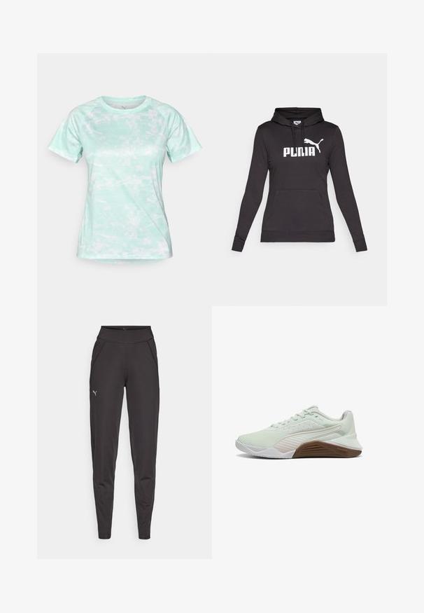 Melnas kapucētas džemperis, izgatavots no gludas auduma, ar lielu baltu "PUMA" logotipu un mazu Puma siluetu uz krūšu daļas. Priekšējais kenguru kabata.; Minta zaļš īsās piedurknes sporta krekls ar pikselēta raksta dizainu, izgatavots no viegla, elpojoša auduma ar apaļu kakla izgriezumu.; Melni sporta legingi, izgatavoti no elastīgas auduma, ar augstu jostasvietu, sānu kabatām un mazu atstarojošu logotipu uz kreisā augšstilba.; Gaišzaļš sporta apavu modelis ar strukturētu virsmu, baltām akcentiem un brūnu gumijas zoli. Aprīkoti ar elpojošu acu materiālu un pastiprinātu purngalu.