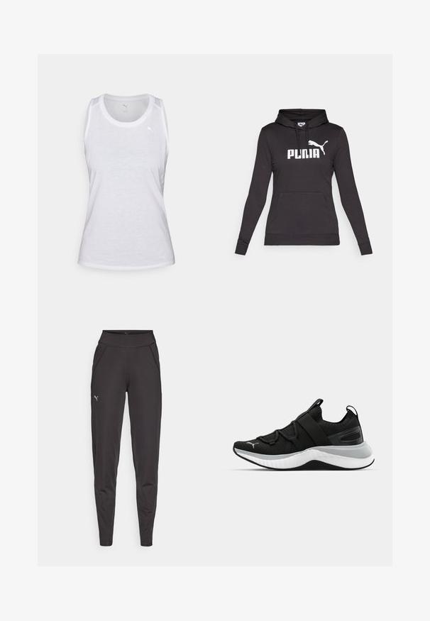 Schwarzer Kapuzenpullover aus glattem Stoff, mit großem weißen "PUMA"-Logo und kleiner Puma-Silhouette auf der Brust. Mit vorderer Kängurutasche.; Weißes ärmelloses Tanktop mit Rundhalsausschnitt, aus leichtem Material gefertigt. Verfügt über ein dezentes Logo auf der Brust und eine glatte Textur.; Schwarze sportliche Leggings aus dehnbarem Material, mit hohem Bund, Seitentaschen und einem kleinen reflektierenden Logo am linken Oberschenkel.; Schwarzer Sportschuh mit strukturiertem Obermaterial, elastischen Riemen und einer dicken weißen Mittelsohle. Mit einem grauen Akzent entlang der Sohle.