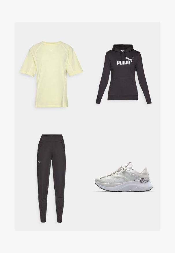 Melnas kapucētas džemperis, izgatavots no gludas auduma, ar lielu baltu "PUMA" logotipu un mazu Puma siluetu uz krūšu daļas. Priekšējais kenguru kabata.; Puma sporta T-krekls gaiši dzeltenā krāsā, īsām piedurknēm, apaļa kakla izgriezuma, ar baltām akcentu šuvēm un mazu baltu logotipu augšpusē uz muguras.; Melni sporta legingi, izgatavoti no elastīgas auduma, ar augstu jostasvietu, sānu kabatām un mazu atstarojošu logotipu uz kreisā augšstilba.; Baltas sporta apavs ar teksturētu virsmu, noapaļotu purngalu un mīkstu zoli. Izceļas ar rakstainu akcentu tuvāk papēdim un taisnām auklām.