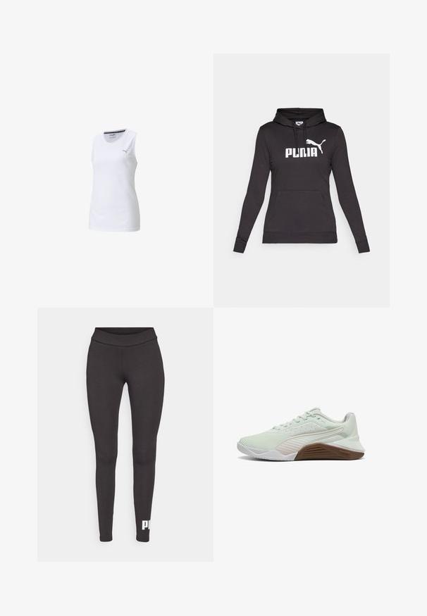 Hanorac negru cu glugă, realizat dintr-un material neted, având un mare logo alb "PUMA" și o mică siluetă Puma pe piept. Buzunar frontal tip cangur.; Top atletico alb fara maneci, realizat dintr-un material usor si respirabil; are o alegere rotunda la gat si un mic logo gri pe pieptul stang.; Colanți negri dintr-un material elastic, cu un talie înaltă și un logo alb imprimat pe piciorul din stânga jos. Textură netedă.; Pantof din atletism de culoare verde deschis, cu un superior texturat, accente albe și o talpă din cauciuc maro. Dispune de plasă respirabilă și vârf întărit.