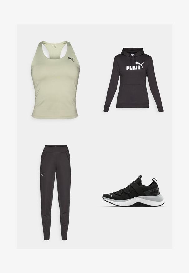Melnas kapucētas džemperis, izgatavots no gludas auduma, ar lielu baltu "PUMA" logotipu un mazu Puma siluetu uz krūšu daļas. Priekšējais kenguru kabata.; Gaiši zaļa sporta bezmaku blūze ar elegantu dizainu, ar apaļu kakla izgriezumu un sacensību stila atvērumu aizmugurē. Mazs melns logo priekšā.; Melni sporta legingi, izgatavoti no elastīgas auduma, ar augstu jostasvietu, sānu kabatām un mazu atstarojošu logotipu uz kreisā augšstilba.; Melna sporta kurpe ar teksturētu augšējo daļu, elastīgām siksnām un biezu baltu vidusdaļu. Ievietots pelēks akcenta elements gar zoli.