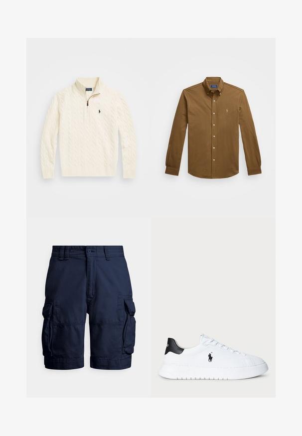 Kremfarget kabelstrikket genser med høy krage, med en halv glidelås og en liten marineblå logo på venstre side.; Brun langermet skjorte med knapper laget av bomull. Har krage, knappelukking foran og liten brodert logo på brystet.; Mørkeblå cargoshorts i slitesterkt stoff, med sidelommer, knappeåpning og sømdetaljer for tekstur.; Hvit lavt beskåret sneaker med svart hælflik og svart Polo Ralph Lauren-logo på siden, med hvite lisser og tykk gummisåle.