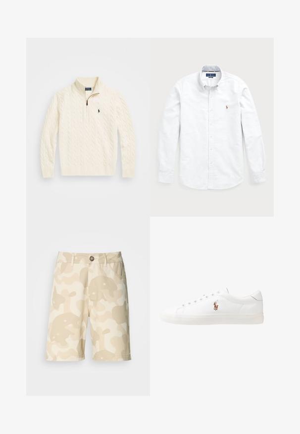 Cremefarvet kabelstrikket sweater med høj krave, som har en halvlukning og et lille marineblåt logo på venstre side.; Hvid langærmet skjorte med knaplukning lavet af bomuld. Har en spredt krave, knaplukning og et lille broderet logo på brystet.; Beige shorts med et cremefarvet camouflage mønster, med knaplukning, bæltesløjfer og lommer. Fremstillet af stof med en glat tekstur.; Hvide lædersneakers, lavtop design, med en glat tekstur, rund tå, snørret front og et lille broderet logo på siden.