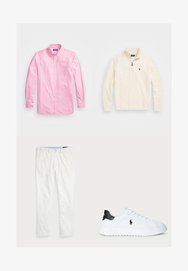 Kreemikas värviga soonikkoes särk kõrgema kaelusega, millel on pool tõmblukk ja väike tumesinine logo vasakul küljel.; Polo Ralph Lauren CUSTOM FIT GINGHAM STRETCH POPLIN SHIRT - Pluus - resort rose/white; Valged chino püksid, mis on valmistatud puuvillast, sirge lõikega, vöökohtadega, kahe külgtasku ja ühe tagataskuga. Sile tekstuur ja sirge jalg.; Valged madala varrega tennisesokid musta kandiga ja musta Polo Ralph Laureni logoga külgedel, valgete paeltega ja paksu kummitaldiga.