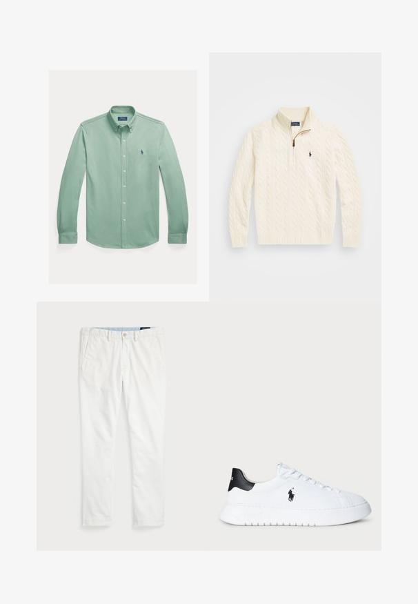 Suéter de malha em tom de creme com colarinho alto, apresentando um zíper meio aberto e um pequeno logo azul marinho no lado esquerdo.; Camisa de botão verde-claro feita de algodão. Apresenta um colarinho clássico, mangas longas e um logótipo bordado no peito.; Chinos brancos feitos de algodão, com frente lisa, passadores de cinto, dois bolsos laterais e um único bolso traseiro. Textura suave com perna reta.; Sapatilhas brancas de cano baixo com tabuleiro de calcanhar preto e logótipo da Polo Ralph Lauren em preto na lateral, apresentando atacadores brancos e sola de borracha grossa.