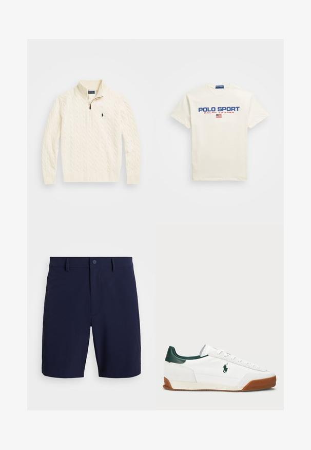 Cream-colored cable-knit sweater with a high collar, featuring a half zipper and a small navy logo on the left side.; White cotton T-shirt featuring "POLO SPORT" in blue and red print, with a small American flag icon beneath the text. Short sleeves, crew neck.; Polo Ralph Lauren 8 INCH TAILORED FIT PERFORMANCE SHORT - Sports shorts - refined navy; White sneaker with green leather accents and a tan rubber sole. Features a fabric body and a prominent logo on the side. Laced design.