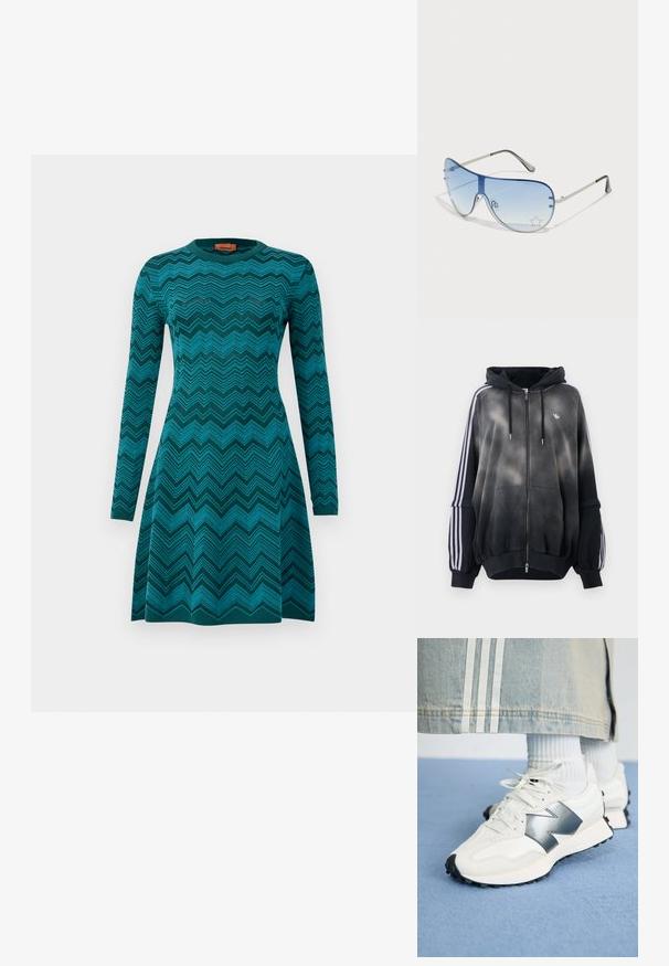 Melna kapuce ar gradienta efektu, izgatavota no mīksta materiāla. Aprīkota ar rāvējslēdzēju, lielām priekšējām kabatām un baltām sānu svītrām.; Trikotāžas kleita tirkīza kolorā ar zigzaga rakstu, ar garām piedurknēm un apaļu kakla izgriezumu. Tai ir pieguļošs augšdaļa un izpletusies svārku dizains.; Baltie sporta apavi ar sudraba akcentu, teksturētu audumu un gludu ādu; aprīkoti ar melnu gumijas zoli un šņorēm.; Pilotstila saulesbrilles ar gradienta zilām lēcām, sudraba metāla rāmjiem un dekoratīvām zvaigžņu akcentiem uz lēcām. Gluda un eleganta dizaina.