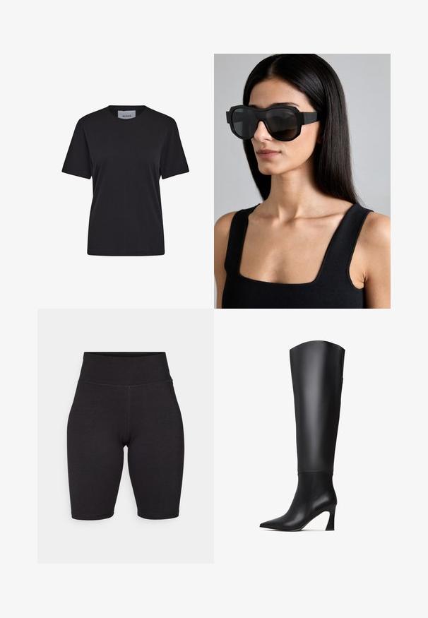 Černá mikina s kapucí s gradientovým efektem, vyrobená z měkkého materiálu. Má zipové zapínání, velké přední kapsy a bílé postranní pruhy.; Černé tričko s krátkým rukávem vyrobené z bavlny, s obyčejným výstřihem a rovný střihem. Štítek viditelný na krku.; Černé cyklistické kraťasy vyrobené z elastického materiálu. Vysoký pas, hladká textura, délka ke kolenům se švy vpředu a vzadu pro strukturu.; Černé kožené vysoké boty po kolena s špičatou špičkou, rovnou holení a zúženým vysokým podpatkem. Hladká textura s minimálními detaily.; Převelké černé sluneční brýle s tlustým rámem, ostrým designem a gradientními tmavými skly; nošeny s černým topem bez rukávů.