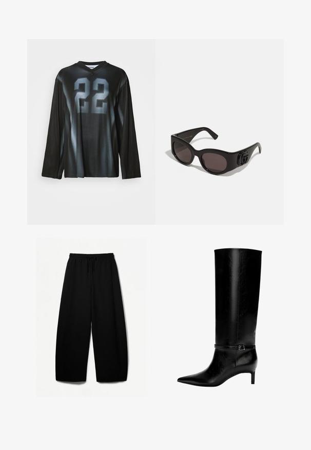 Schwarzer Kapuzenpullover mit einem Farbverlaufseffekt, aus weichem Material gefertigt. Verfügt über einen Reißverschluss, große Fronttaschen und weiße seitliche Streifen.; Schwarzes Langarmtrikot mit V-Ausschnitt, ausgestattet mit einer großen grauen Zahl "22" auf der Vorderseite, Farbverlauf und glattem, dehnbaren Stoff.; Schwarze weit geschnittene Hosen mit elastischem Bund und Kordelzug. Weicher Stoff mit glatter Textur. Gerader Schnitt mit Seitennähten.; Schwarze Lederstiefel bis zum Knie mit spitzer Zehe und kleinem Absatz. Verfügt über einen schmalen Riemen mit einer metallischen Schnalle am Knöchel. Glatte Textur.; Schwarze Sonnenbrille mit übergroßen, runden Gläsern, ausgestattet mit einem glänzenden Kunststoffrahmen und einem auffälligen Logo-Detail an den Bügeln.; Even&Odd Shopping Bag - black