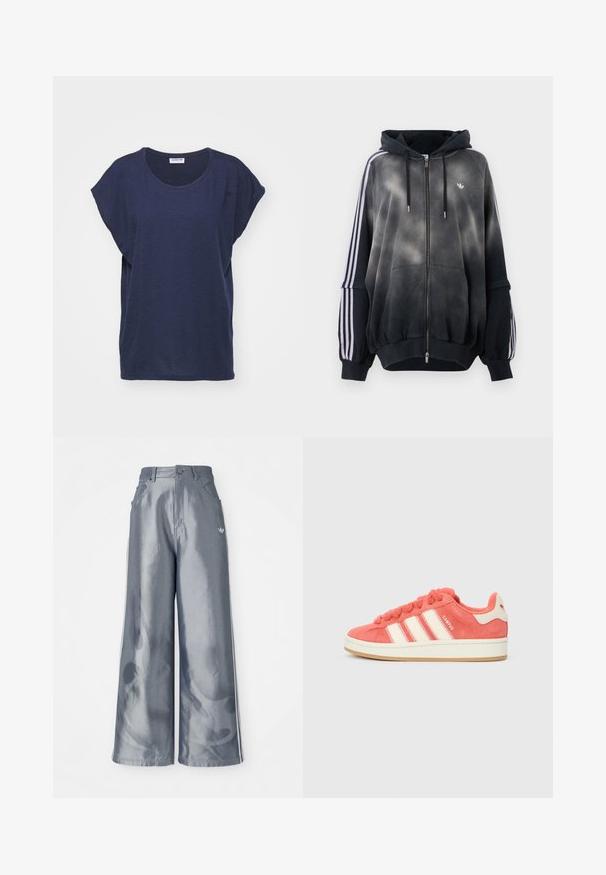 Felpa nera con effetto sfumato, realizzata in materiale morbido. Presenta una chiusura con zip, ampie tasche anteriori e bande laterali bianche.; T-shirt a maniche corte blu navy realizzata in tessuto morbido, con scollatura rotonda e vestibilità ampia con aperture laterali per comfort e libertà di movimento.; Pantaloni a gamba larga in materiale grigio lucido, con strisce laterali bianche e un motivo a fiamma sulla parte inferiore delle gambe. Chiusura con bottone e zip in vita.; Sneaker rosa in suede con strisce crema, lacci rotondi e linguetta testurizzata. Presenta una suola in gomma e un logo sul tallone.