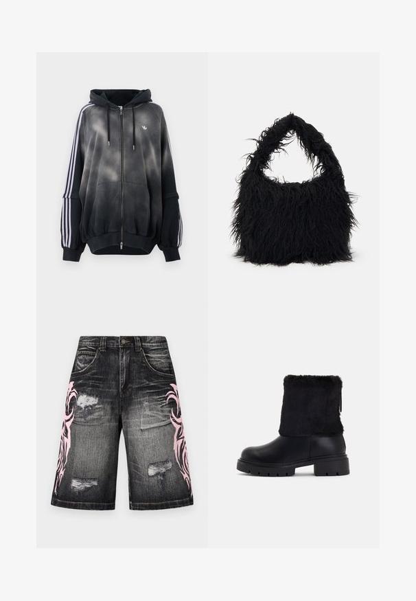 Black hoodie with a gradient effect, made from soft material. Features zipper closure, large front pockets, and white side stripes.; Jaded London BLADE COLOSSUS JORTS UNISEX - Denim shorts - black; Black ankle boots featuring a smooth leather base and a textured faux fur cuff. Chunky, ridged rubber sole for traction.; Even&Odd Tote bag - black