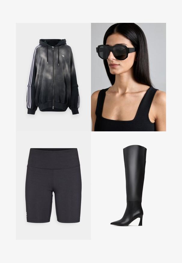 Sort hættebluse med gradient-effekt, lavet af blødt materiale. Har lynlås-lukning, store frontlommer og hvide sidelister.; Sorte atletiske shorts lavet af strækbart stof, med en høj talje og flade syninger. Designet til komfort og bevægelighed.; Sorte knæhøje læderstøvler med spids tå, lige skaft og en smal høj hæl. Glat overflade med minimal detaljer.; Overdimensionerede sorte solbriller med en tyk stel, vinkelret design og gradient mørke linser; bæres med en sort ærmeløs top.
