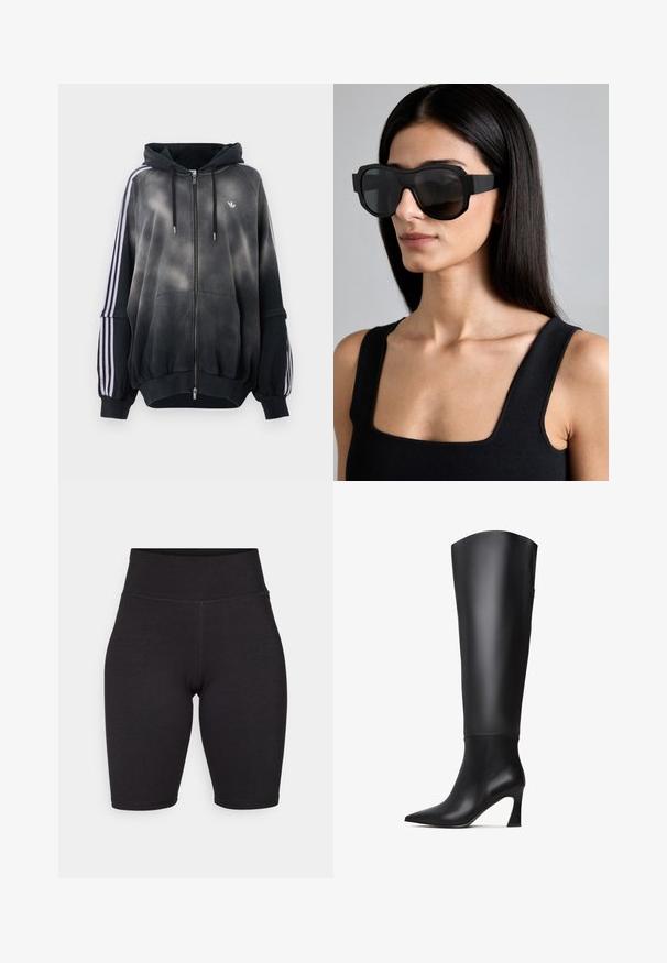 Černá mikina s kapucí s gradientovým efektem, vyrobená z měkkého materiálu. Má zipové zapínání, velké přední kapsy a bílé postranní pruhy.; Černé cyklistické kraťasy vyrobené z elastického materiálu. Vysoký pas, hladká textura, délka ke kolenům se švy vpředu a vzadu pro strukturu.; Černé kožené vysoké boty po kolena s špičatou špičkou, rovnou holení a zúženým vysokým podpatkem. Hladká textura s minimálními detaily.; Převelké černé sluneční brýle s tlustým rámem, ostrým designem a gradientními tmavými skly; nošeny s černým topem bez rukávů.; Černá kožená kabelka s embosovaným vzorem oka, strukturovaný tvar, dvojité horní držadla a kovové akcenty ve tvaru oka.