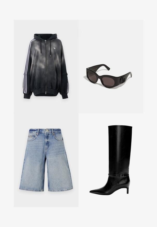 Črna kapuca z gradientenim učinkom, izdelana iz mehkega materiala. Ima zadrgo, velike sprednje žepe in bele stranske črte.; Denim culotte hlače v svetlo modri barvi s postaranim videzom, s poudarjeno višjim pasom, sprednjimi žepi in širokim ravnim krojem.; Črne usnjene zimske škornje do kolen s koničastim nosom in majhno peto. Imajo ozko zaponko z kovinsko zaponko okoli gležnja. Gladka tekstura.; Črne sončne očala z velikimi, zaobljenimi lečami, ki imajo sijoč plastičen okvir in izrazit detajl logotipa na ščitnikih.; Even&Odd Torba za nakupovanje - black